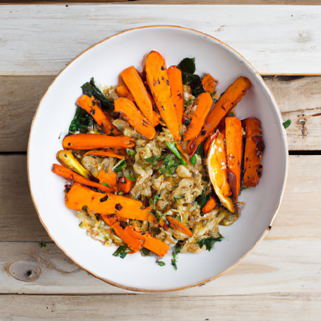 Close-up of caramelized vegetables and grain bowl